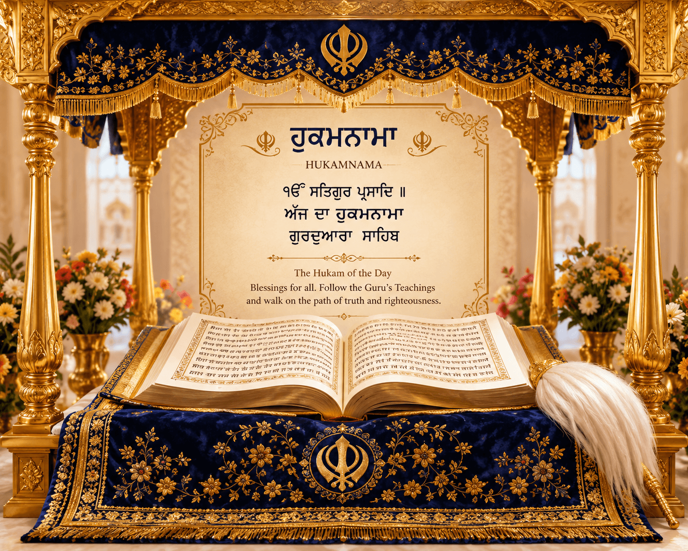 Hukamnama illustration with Guru Granth Sahib Ji and Sikh-inspired gold and blue details